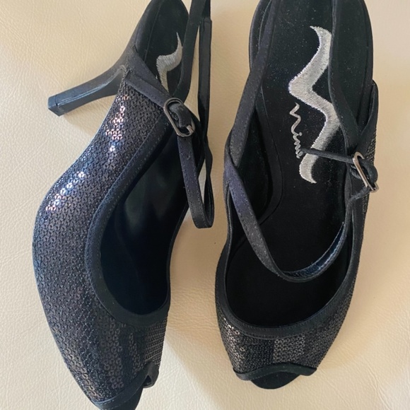 NWOT Nina Black Sequin Slingback Heels - Picture 6 of 8